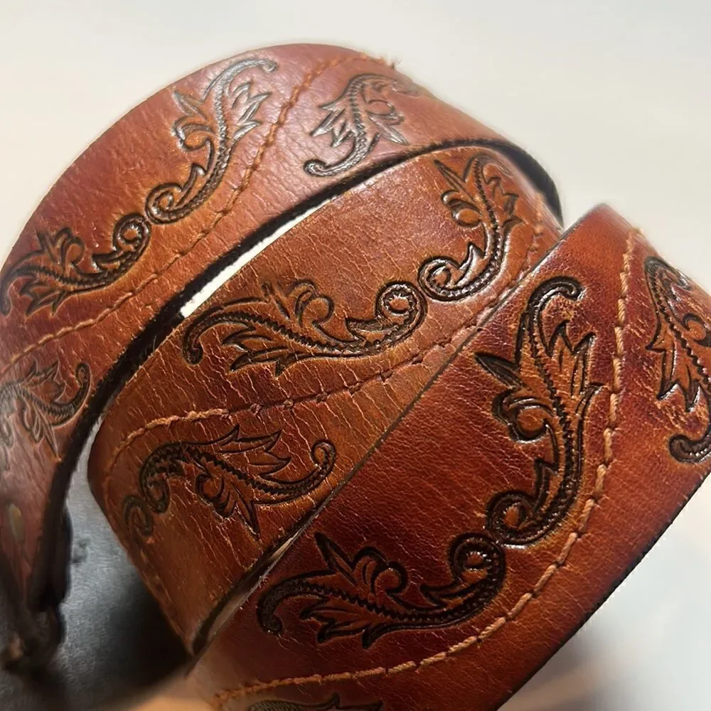 leather tooled belt with buckle hand stained latitan sz 36 western cowboy rodeo